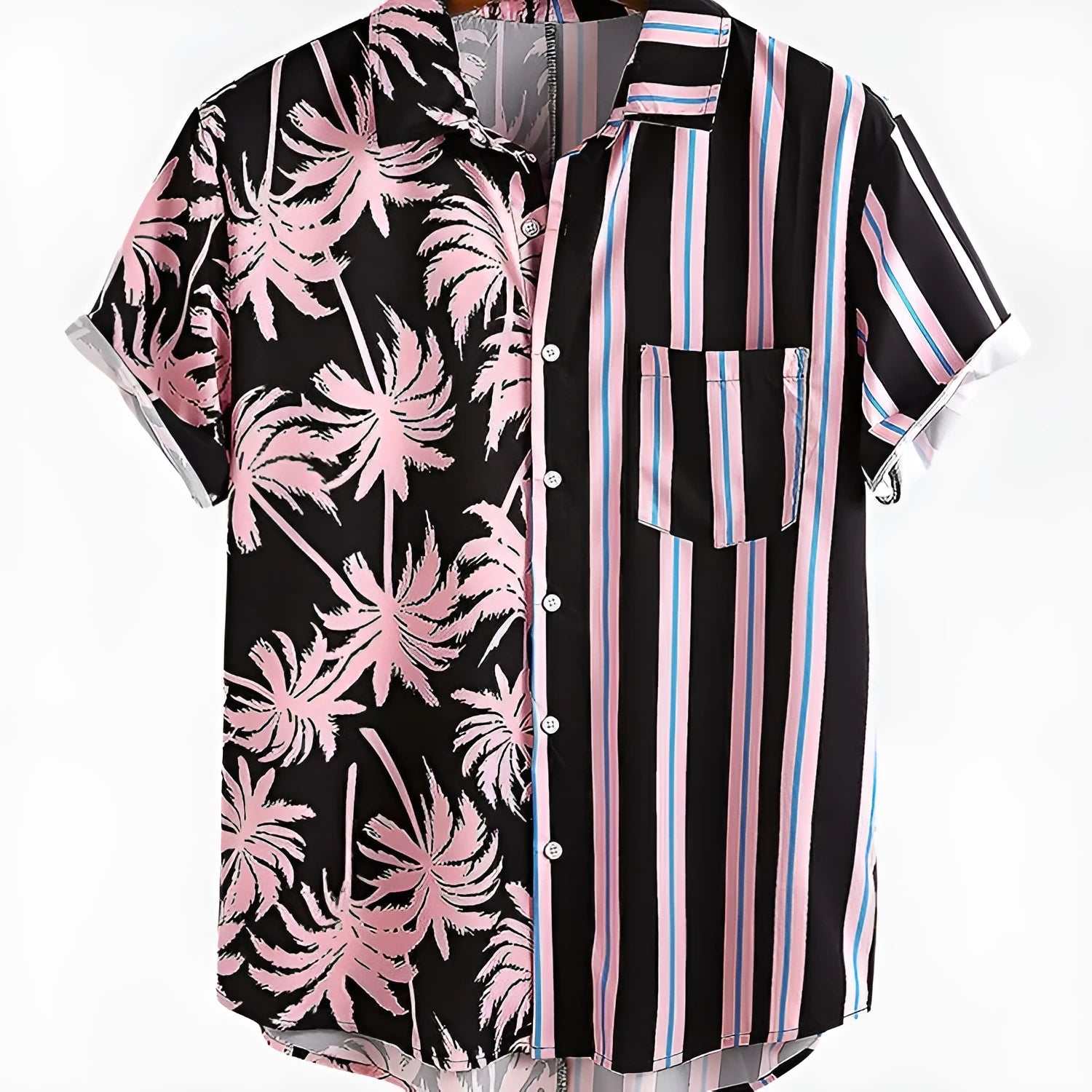 Men's casual cotton blend shirt with coconut print and striped stitching, short-sleeved lapel style