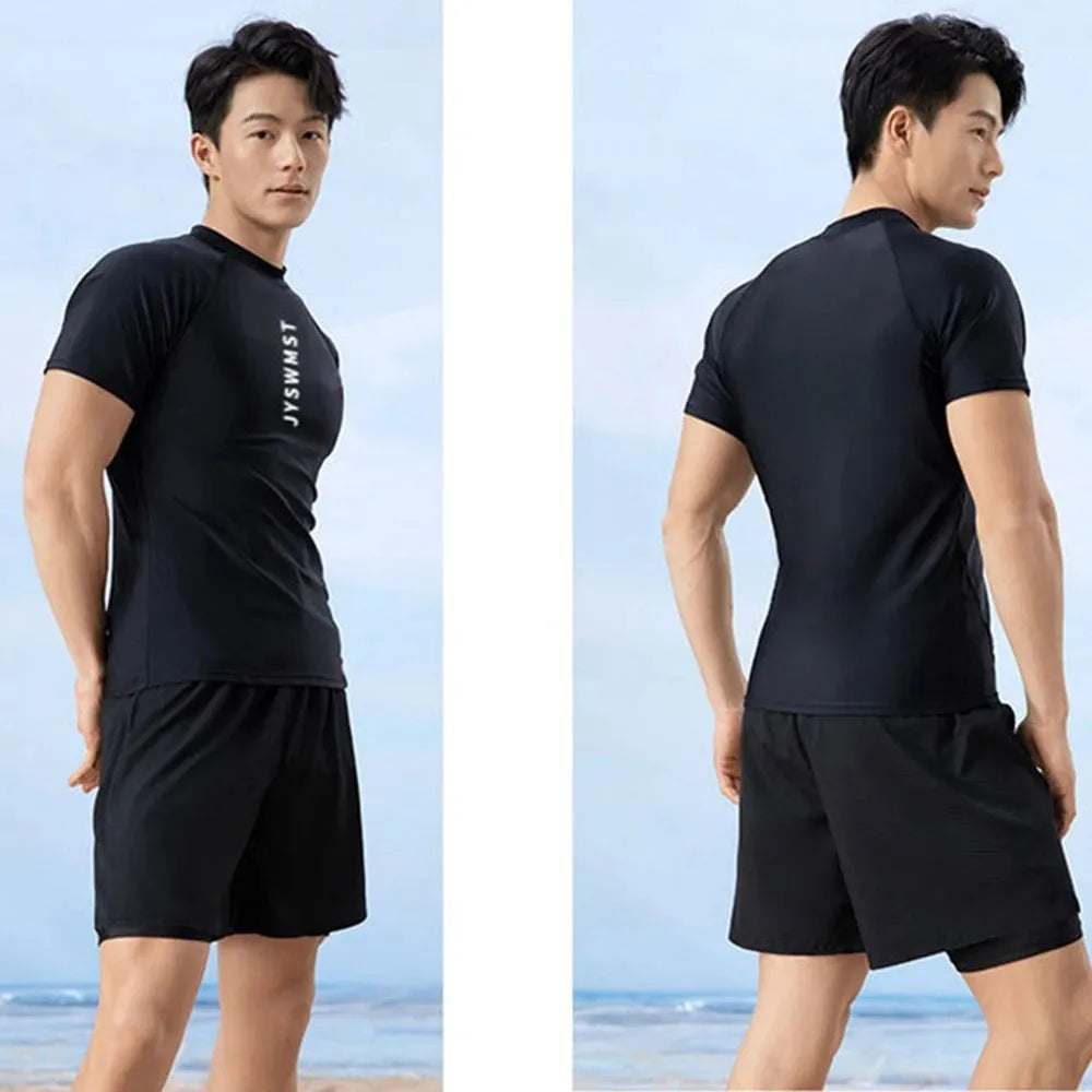 Men's polyester swim trunks and top set in plus sizes with patterned design