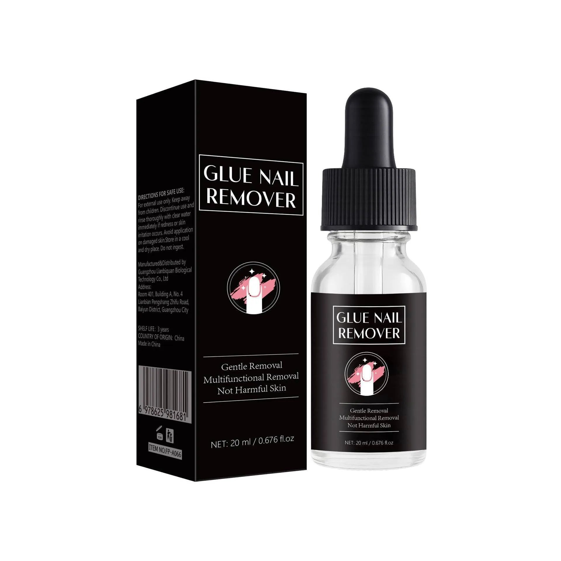 20ml bottle of nail glue remover with a black applicator brush attached to the lid.
