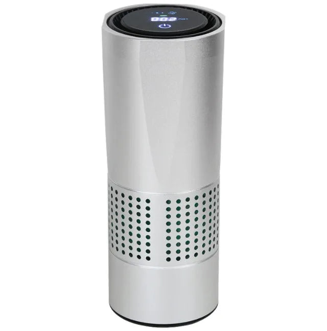 Aluminium alloy car air purifier with display screen showing air quality, placed on a car dashboard.