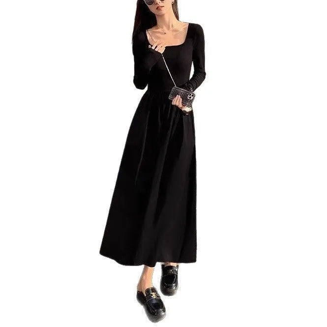 Black or grey square collar knitted dress with elastic waist and long A-line skirt