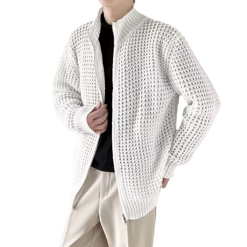 Men's autumn cardigan coat in black with loose fit and rabbit hair blend fabric