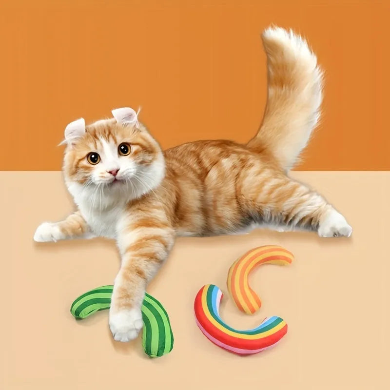 Striped pattern cat pillow toy with built-in noise maker and catnip strip measuring 23x20cm