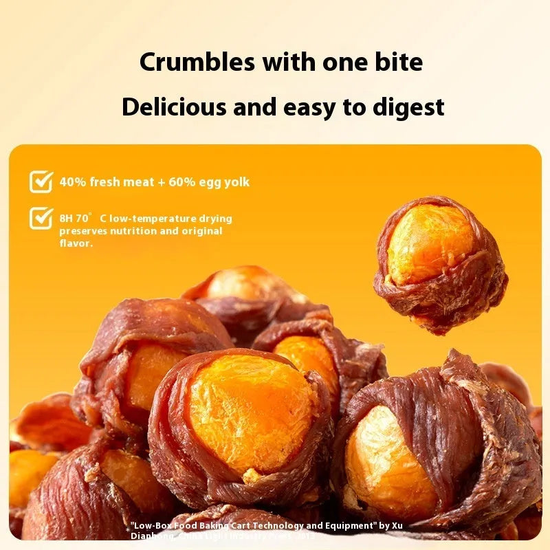Dog snack with egg yolk and chicken duck meat in chewable form for training rewards