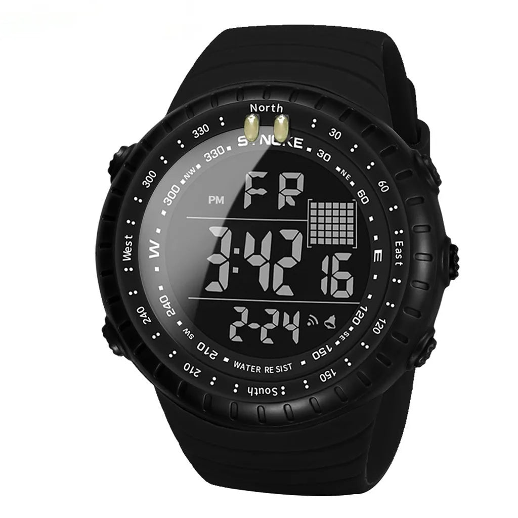 Black outdoor electronic watch for men with large dial and PU strap showing 50m waterproof rating