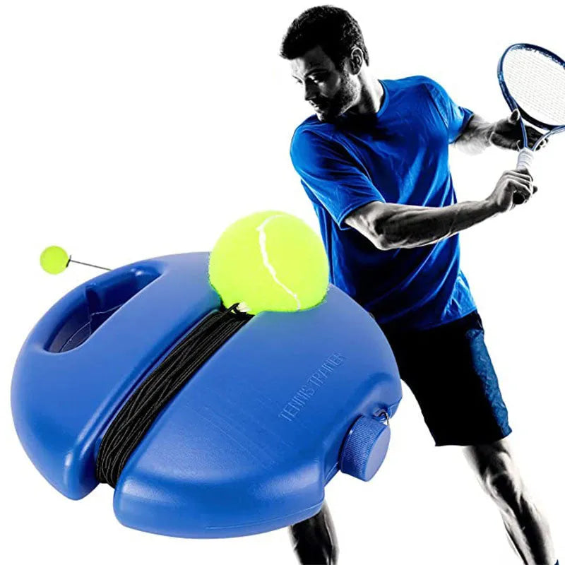 Blue round kettle tennis trainer with attached ball on line, chemical fibre construction, 20.5x20 cm size