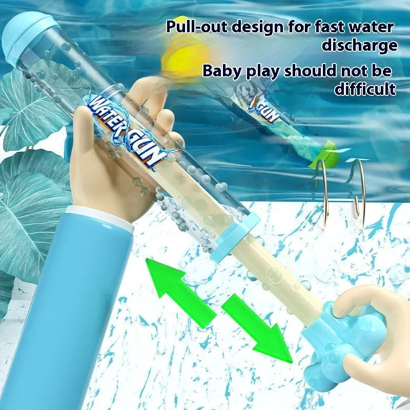 Blue 27cm plastic pull-out water gun toy on white background
