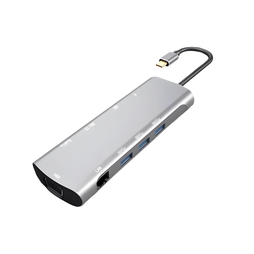 Grey aluminium USB-C docking station showing HDMI, VGA, USB 3.0, PD charging, and card reader ports.