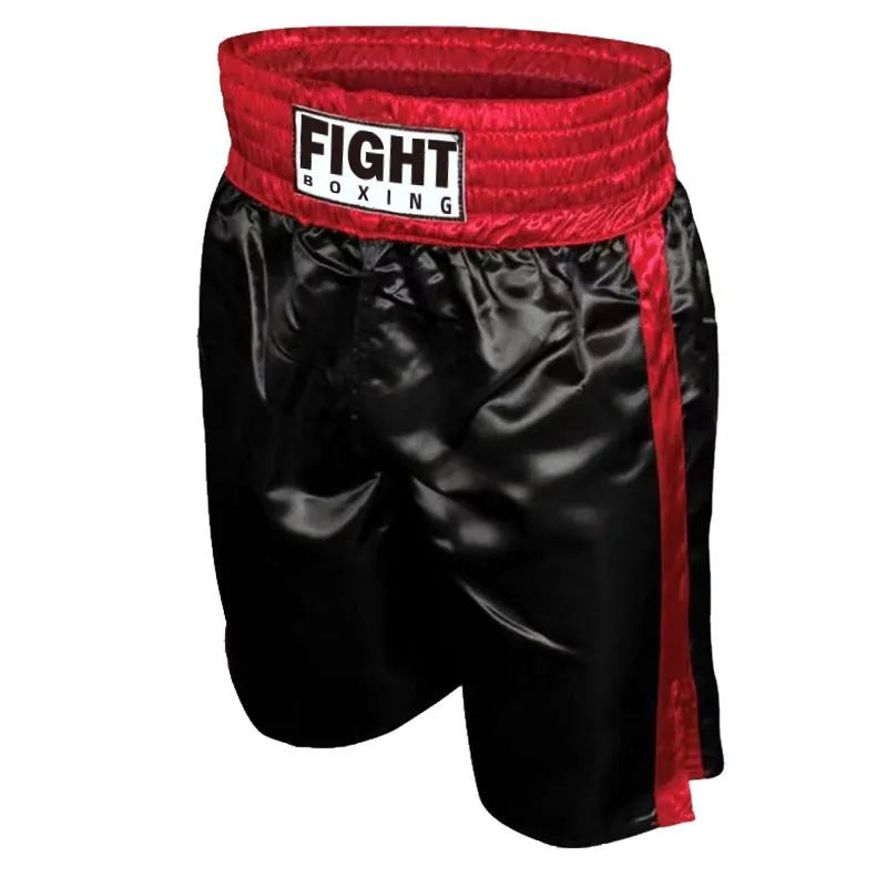 Black and white striped boxing shorts with elastic waistband and side slits for kickboxing training.