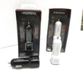 Car charger with dual USB ports in black colour, plugged into vehicle socket.