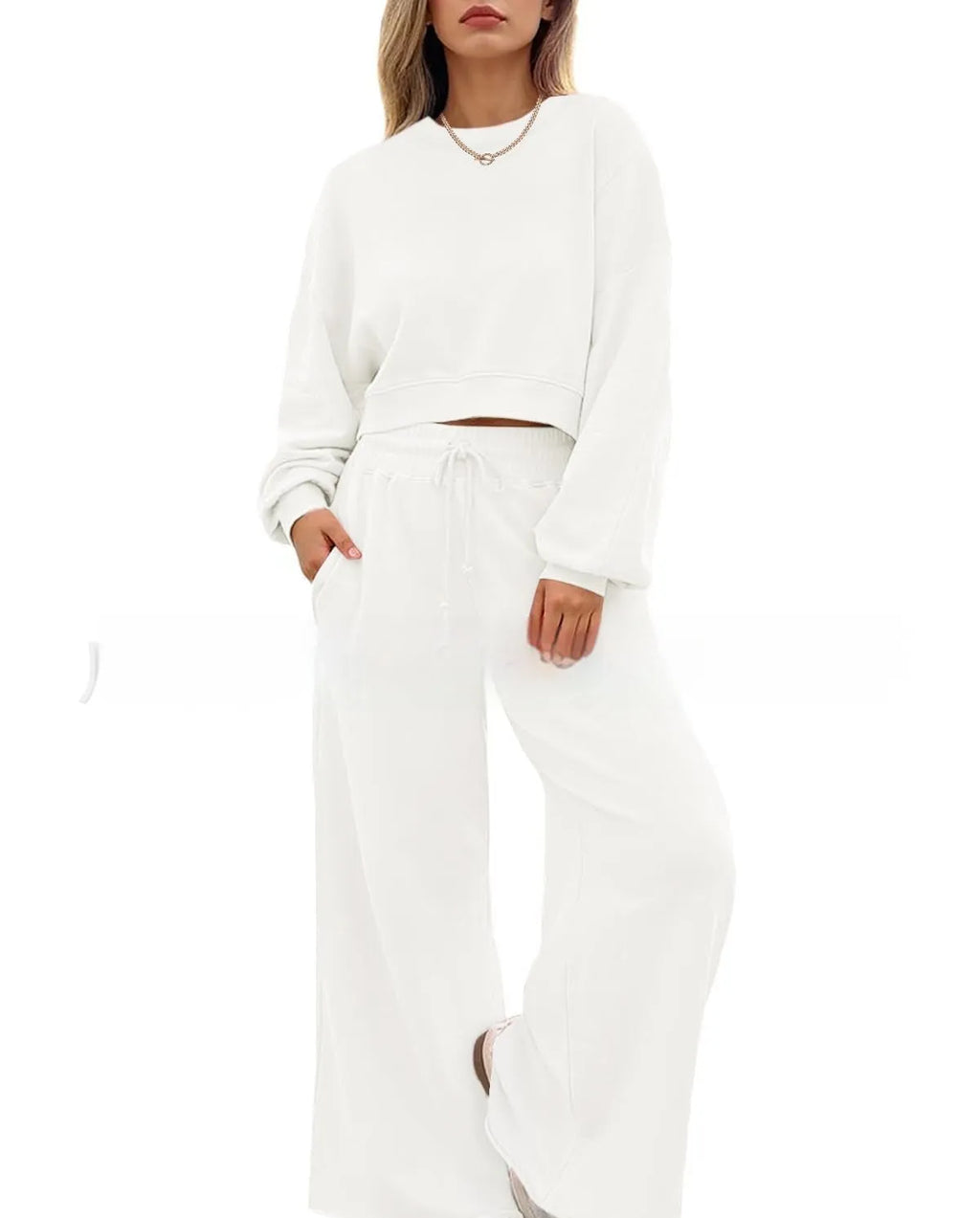 Women's solid colour polyester two-piece set with long sleeve top and trousers in street hipster style