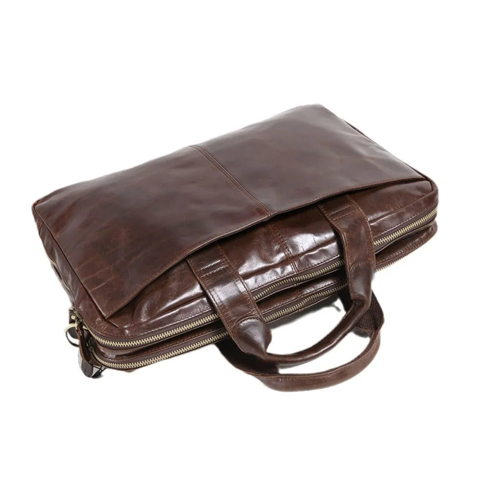 Brown men's business briefcase made from first layer cowhide leather with 18-inch size
