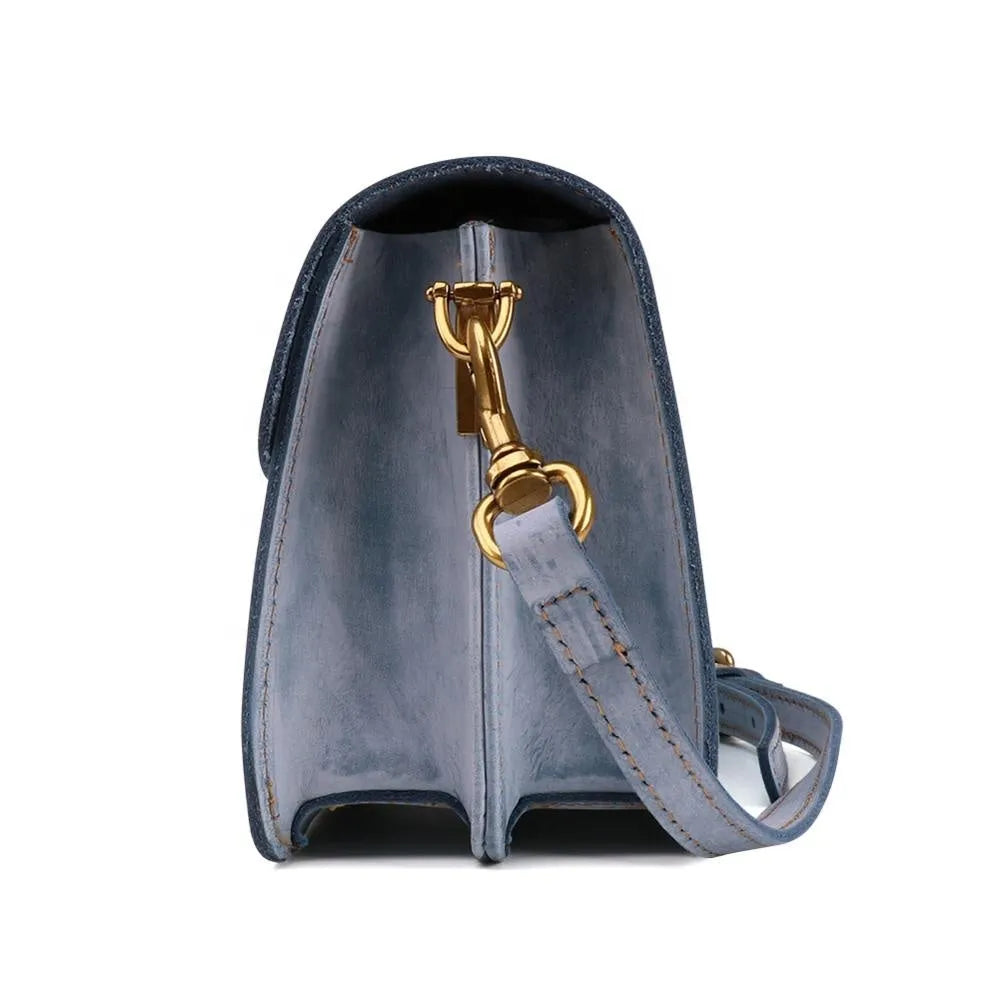 Foggy wax leather women's messenger bag coffee colour small horizontal square shape with lock closure