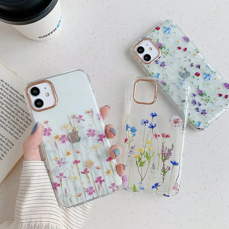 Fresh flowers and grass fashion TPU phone case for iPhone, back cover style with fall protection, flower pattern
