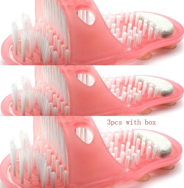 Blue shower feet slipper with suction cups and built-in pumice stone on a wet shower floor