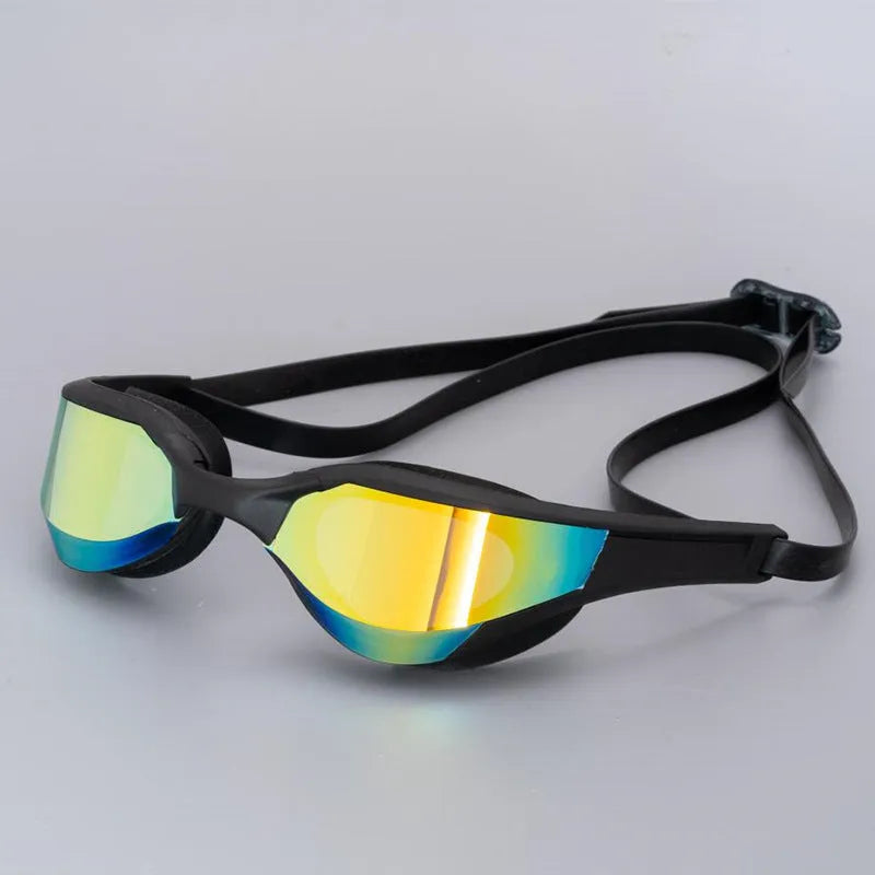Adult swimming goggles with anti-fog HD lenses and a black silicone seal, shown with a plastic mirror case.