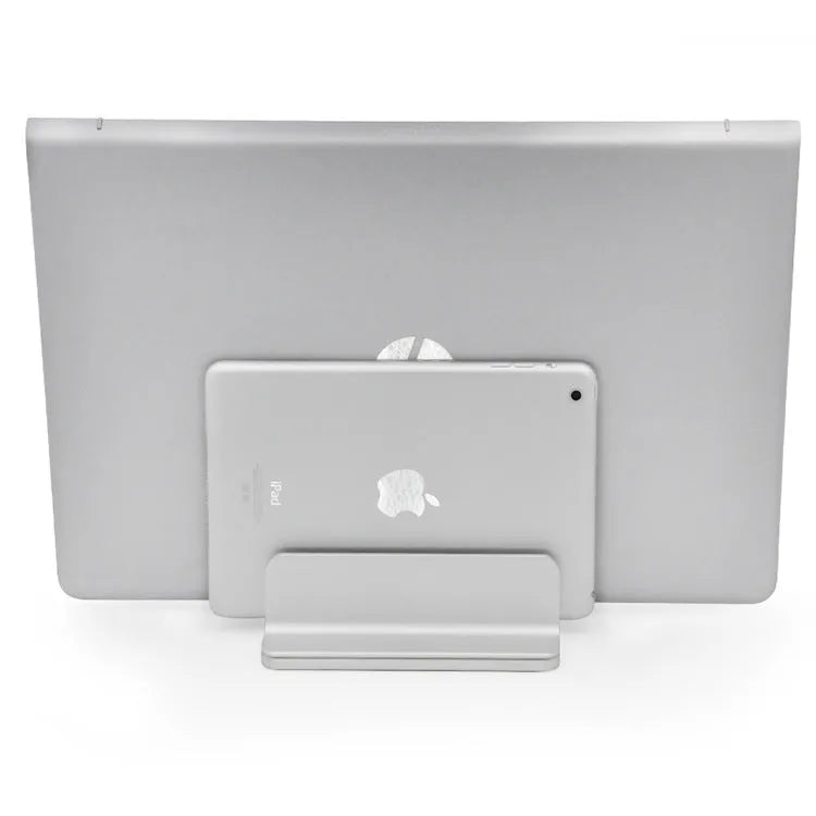 Aluminium alloy laptop vertical bracket base in rose gold on a desk with a laptop inserted