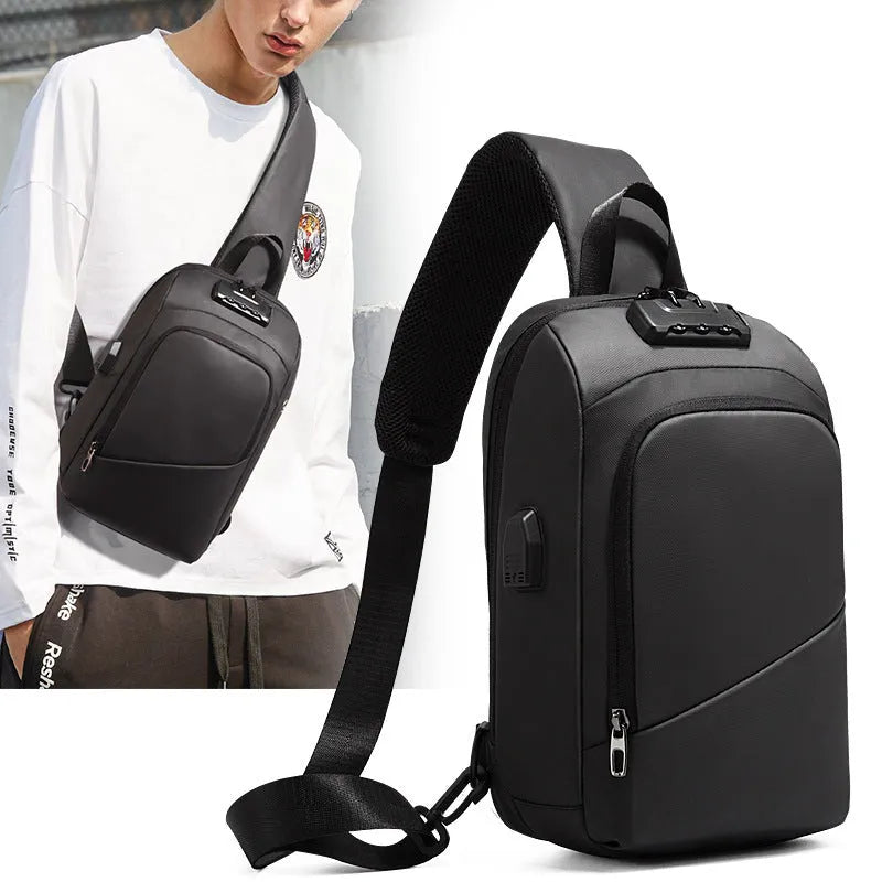 Anti-theft lock chest bag shoulder bag USB charging crossbody bag black Polyamide