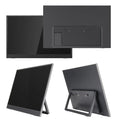 15.6-inch black portable monitor with adjustable stand on a desk next to a laptop