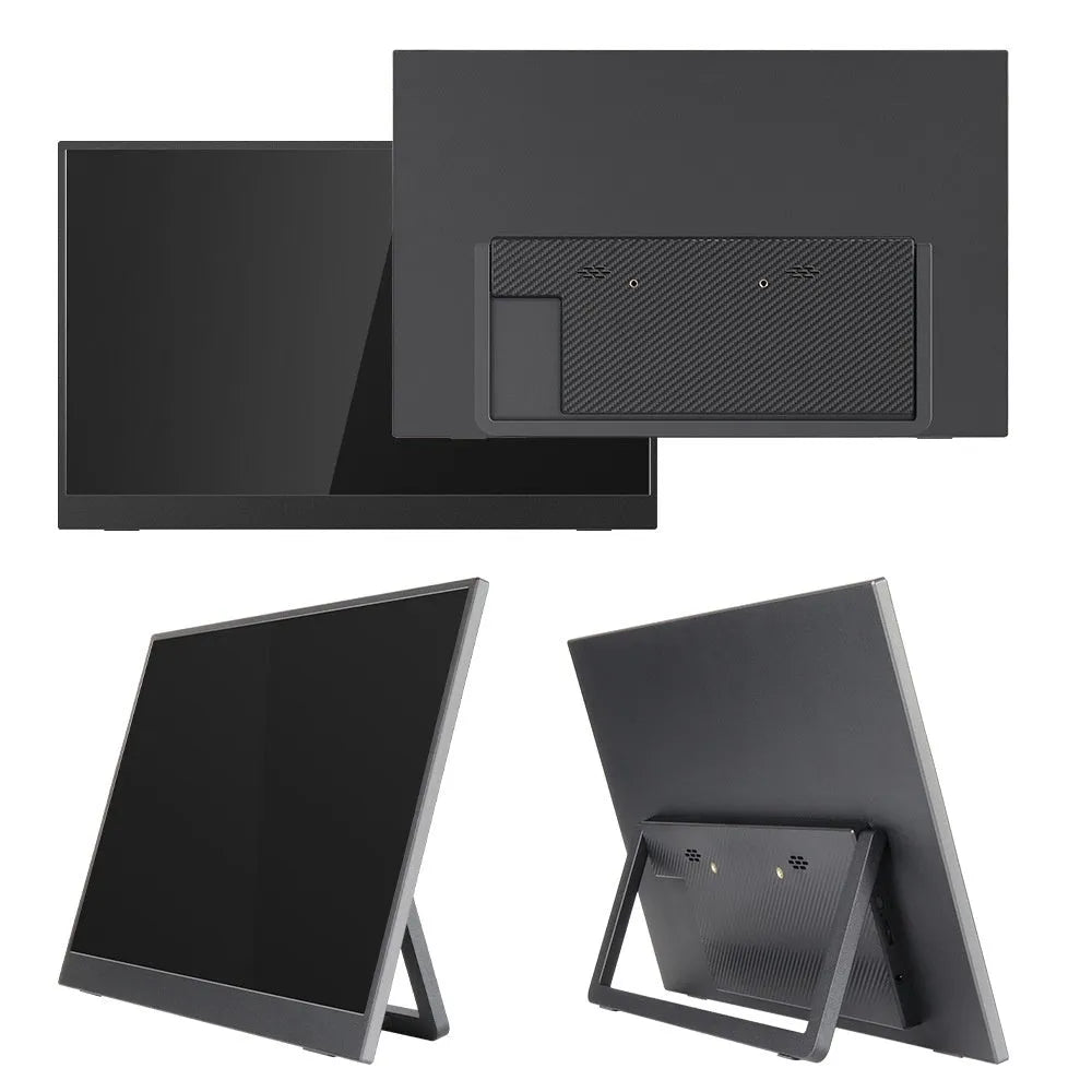 15.6-inch black portable monitor with adjustable stand on a desk next to a laptop