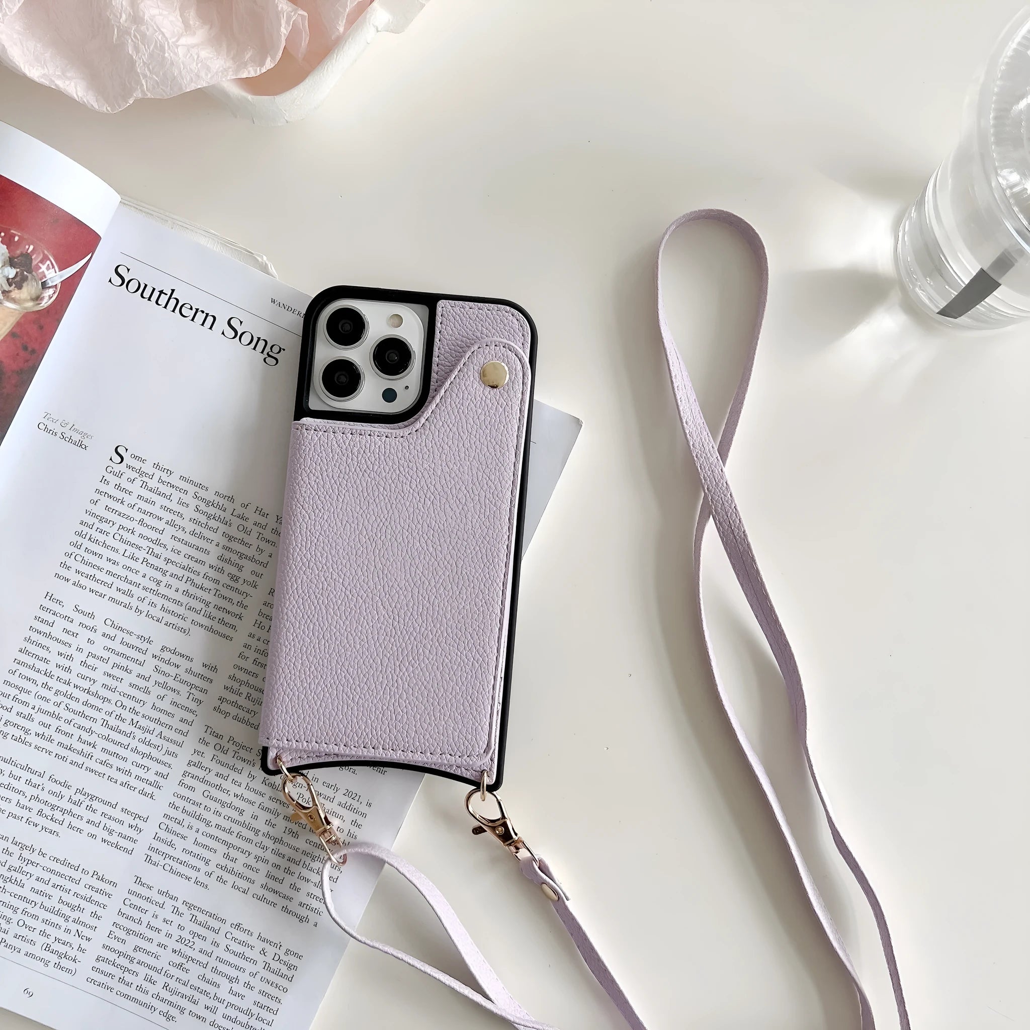 Creative flip crossbody phone case for iPhone 16 in black imitation leather with mirror card holder and lanyard