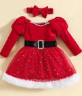 Red 100% cotton Christmas dress set for girls with matching headband, sizes 12M to 5T