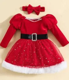 Red 100% cotton Christmas dress set for girls with matching headband, sizes 12M to 5T