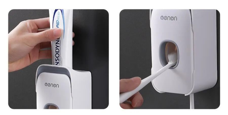 Blue automatic toothpaste dispenser mounted on a bathroom wall with a transparent window showing paste inside.
