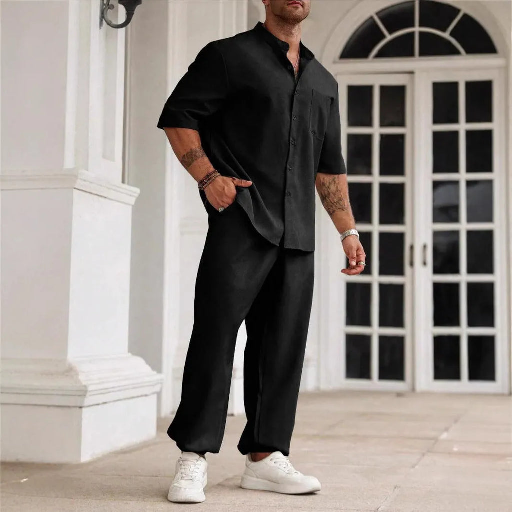 Men's cotton linen casual short-sleeved shirt and trousers set in apricot, black, or grey colours