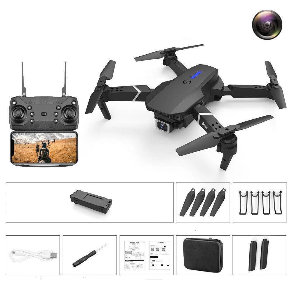 LSRC LS-E525 foldable 4K dual camera quadcopter drone with black and white body, arms folded