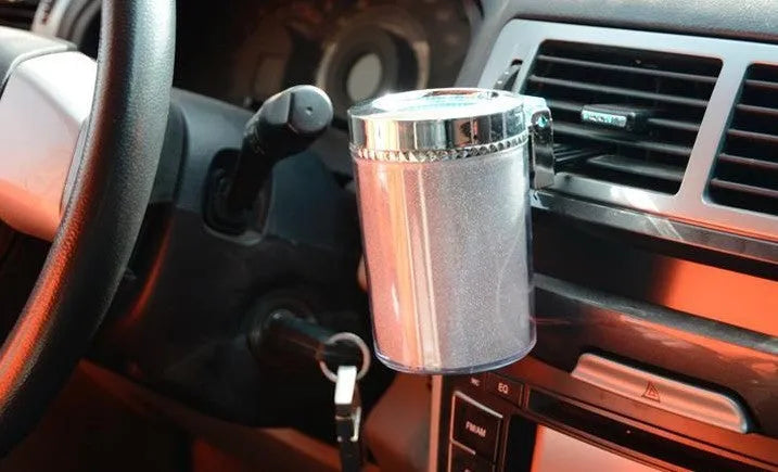 Silver solid molded car ashtray in transparent blister packaging for cup holders over 7cm