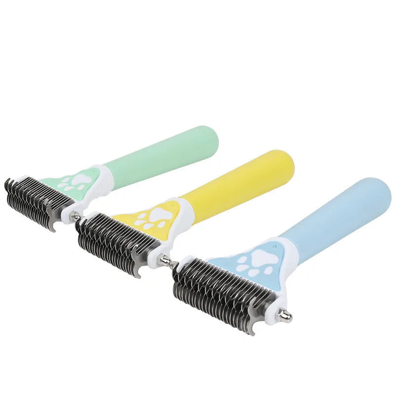 Yellow pet comb for knot untying with metal teeth and plastic handle, grooming tool for dogs and cats