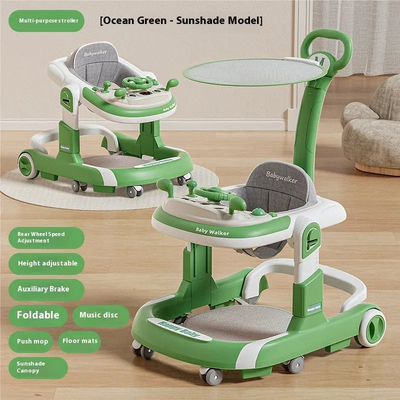 Baby walker lightweight folding anti-rollover with black plate music pattern and sunshade