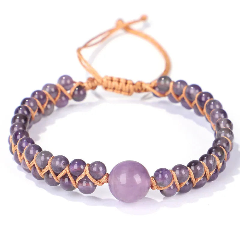 Handmade woven geometric pull bracelet with blue tigereye stone beads.