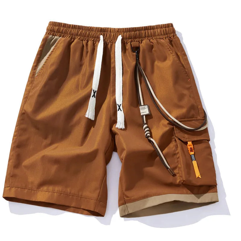 Men's plus size straight-leg bamboo fibre sports shorts in coffee colour on a hanger.