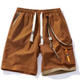 Men's plus size straight-leg bamboo fibre sports shorts in coffee colour on a hanger.
