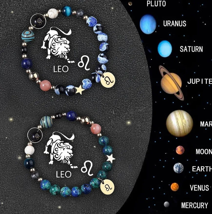 Two natural stone beaded zodiac bracelets with adjustable cords showing astrology symbols