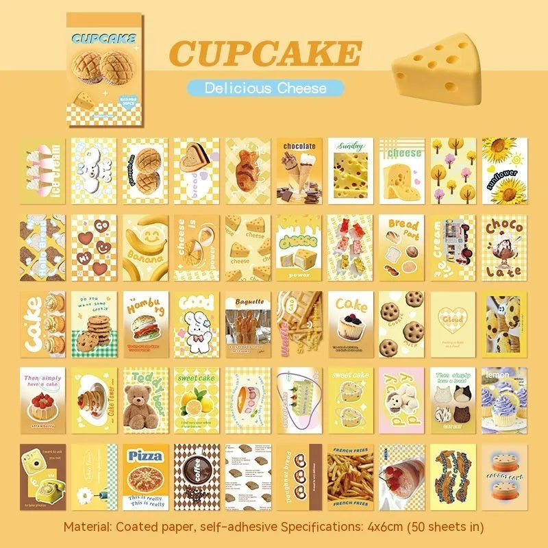 American retro cartoon sticker book open showing 4x6cm sheets in black, pink, blue, green, purple, and yellow colours.