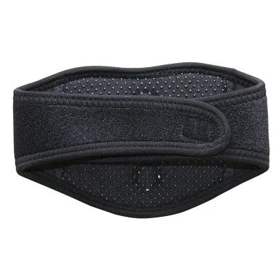 Black adjustable magnetic therapy neck guard with self-heating tourmaline on a flat surface.