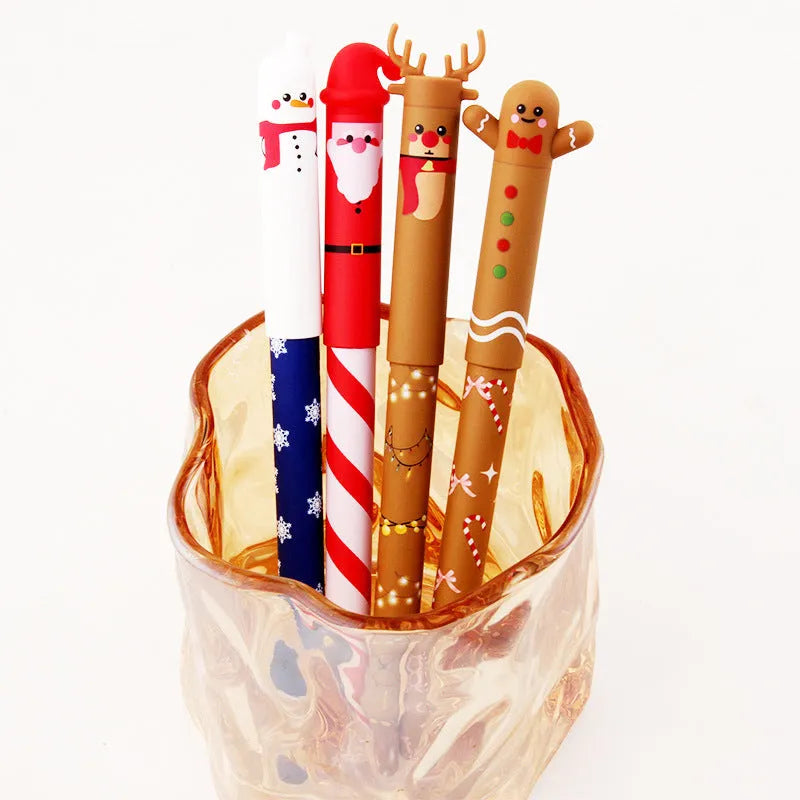 Four Christmas-themed erasable gel pens in a sleeve: Santa, gingerbread man, elk, and snowman designs