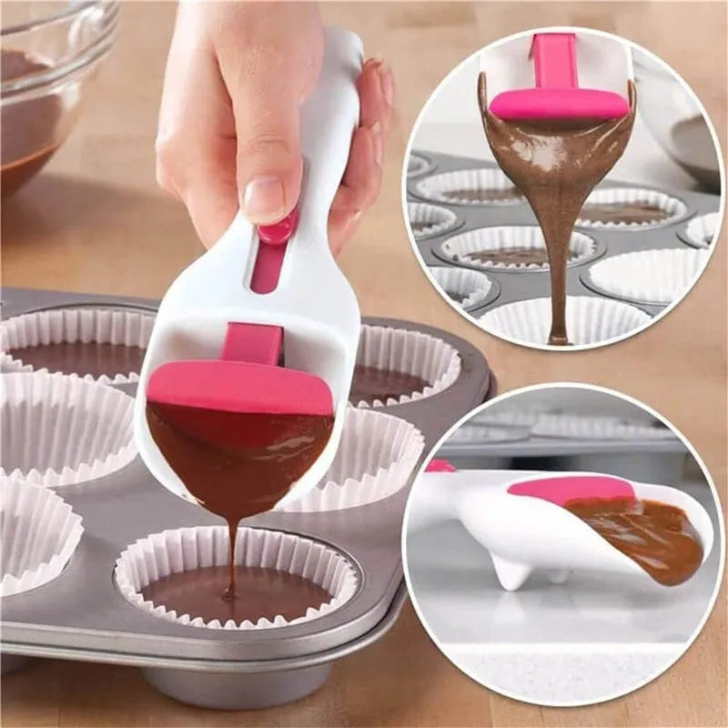 Photo colour cake batter scoop with push lever, 19.5cm ABS TPE construction, standing on leg rests