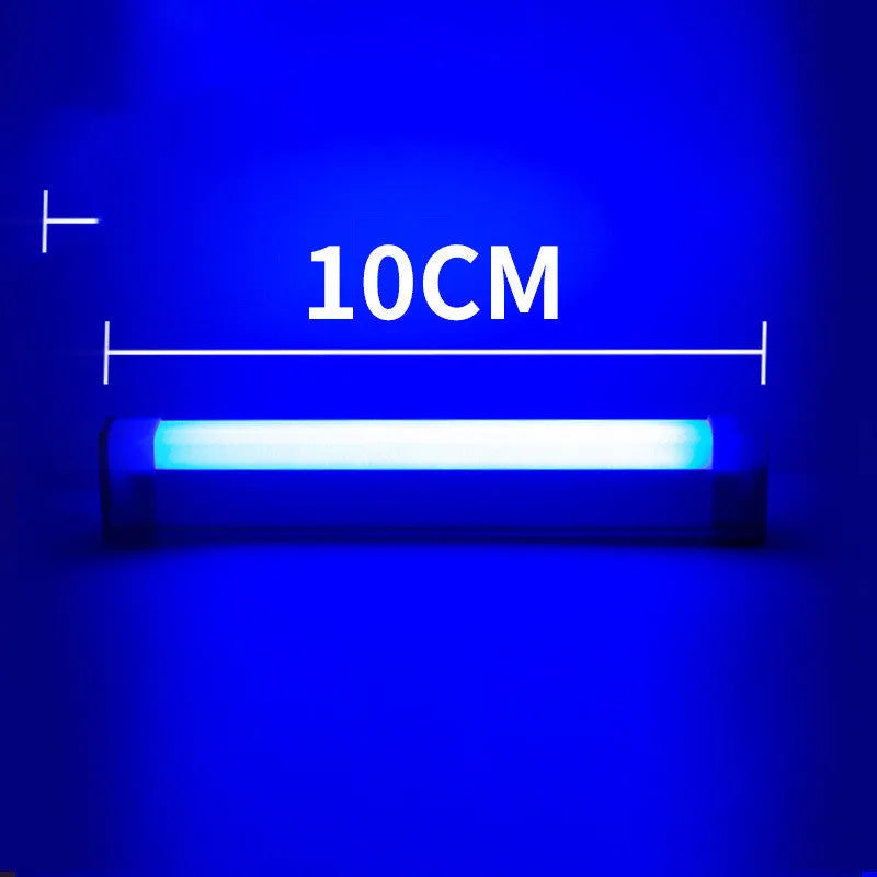 Blue and purple rechargeable LED light tube with USB cable, shown in 17cm, 32cm and 52cm lengths.