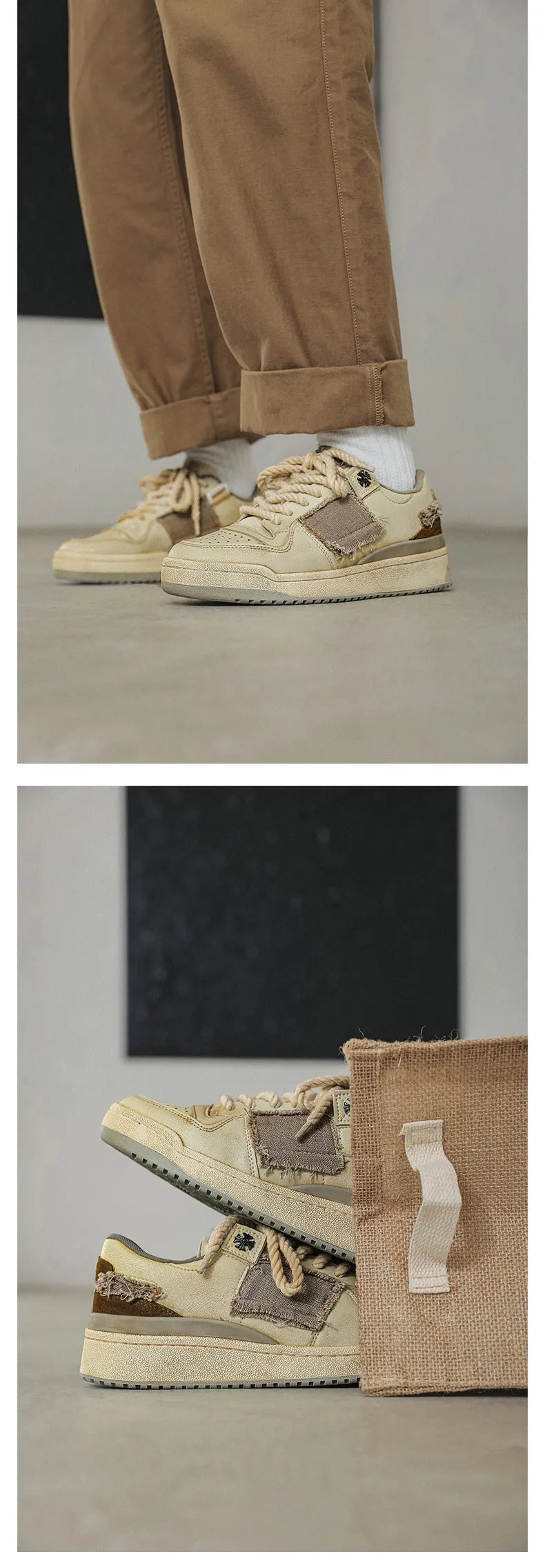 Beige vintage patch skateboard shoes with low-top design and round toe