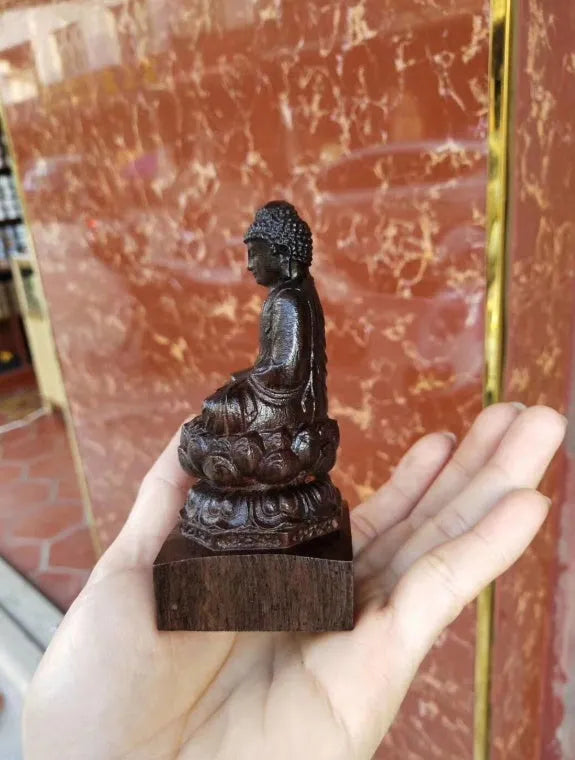 Pure natural black wood carving of Sakyamuni Buddha, 30cm height, for home or office ornament