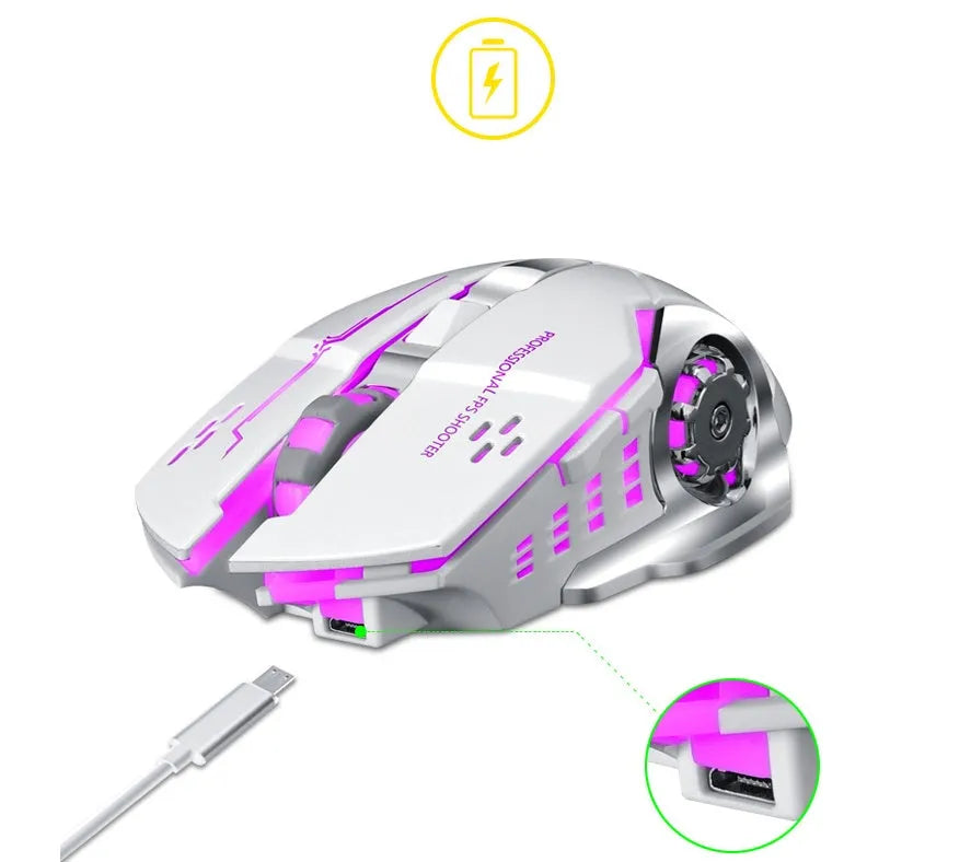 Wireless silent charging mouse in black and white colours showing standard size