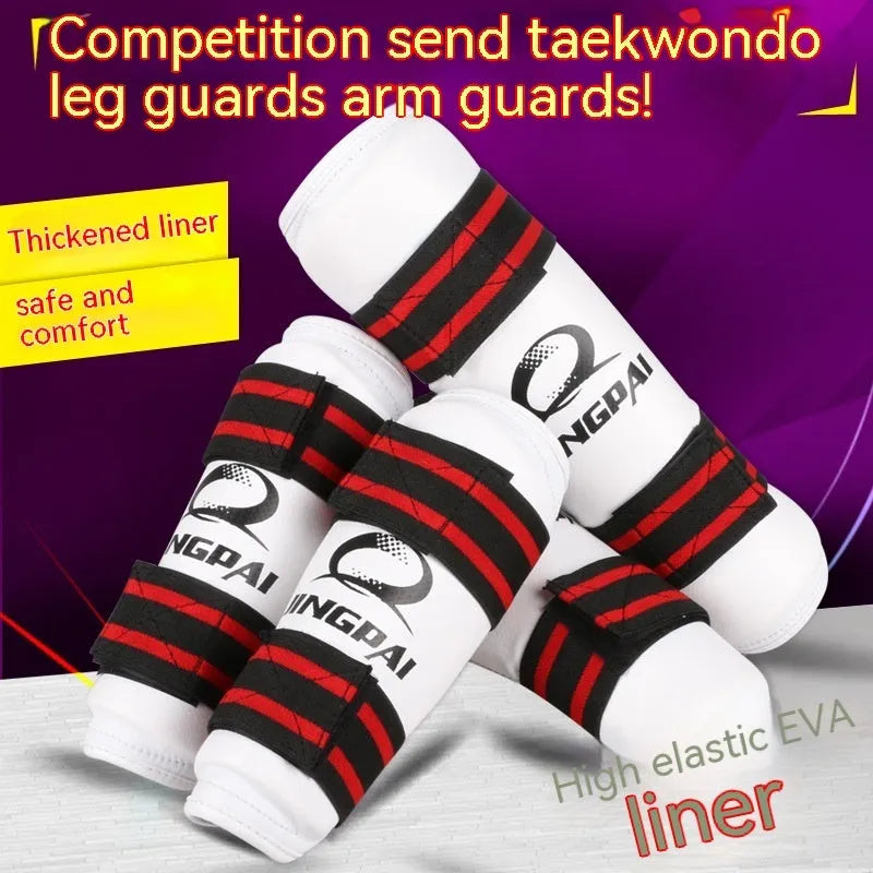 Taekwondo leg and arm protective gear set showing arm guards, leg protectors, and elbow guards
