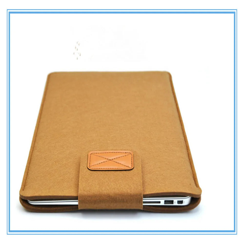 Khaki clamshell laptop bag with woven design, shown open to reveal polyester lining and corner protector.