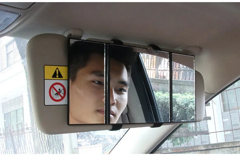 Silver folding car visor makeup mirror shown open and closed on a car sun visor