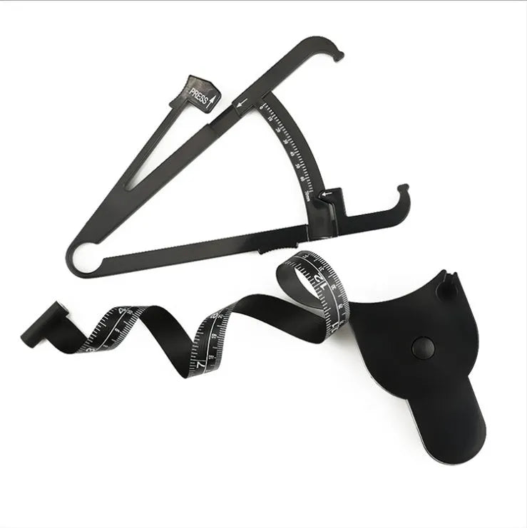 Black ABS plastic body fat caliper with measurement scale and cable.