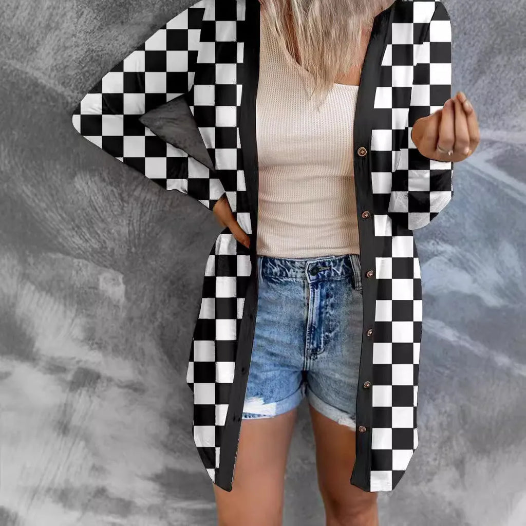 Women's long plaid knitted cardigan coat in polyester available in multiple colours and sizes